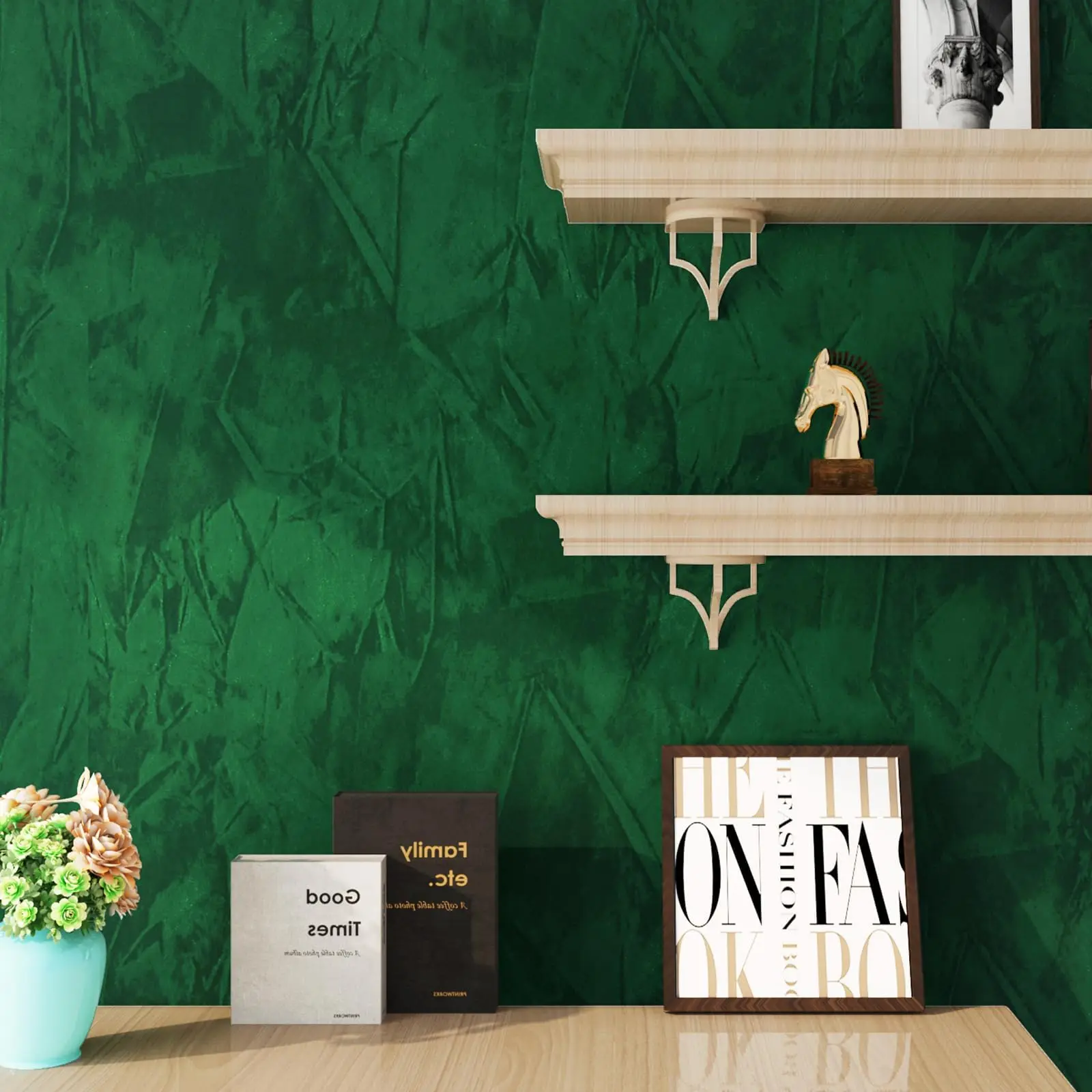 Emerald-green textured wall with cream floating shelves, books, flowers, and decorative objects.