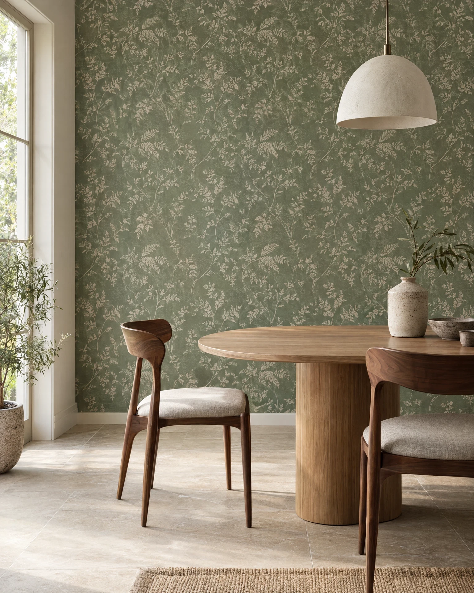 Sage botanical wallpaper behind a light oak dining table and slim walnut chairs in a bright dining nook.